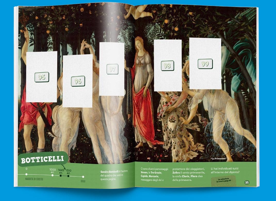 Si compone un piccolo libro d’arte collezionando interi affreschi o dipinti. Cercando di attaccare le figurine con precisione, i bambini memorizzano i dettagli delle opere d’arte e imparano a riconoscerle dai particolari. Sul retro di ogni figurina si trovano il nome dell’opera, l’autore e il museo in cui è custodita. Si compone un piccolo libro d’arte collezionando interi affreschi o dipinti. Cercando di attaccare le figurine con precisione, i bambini memorizzano i dettagli delle opere d’arte e imparano a riconoscerle dai particolari. Sul retro di ogni figurina si trovano il nome dell’opera, l’autore e il museo in cui è custodita.