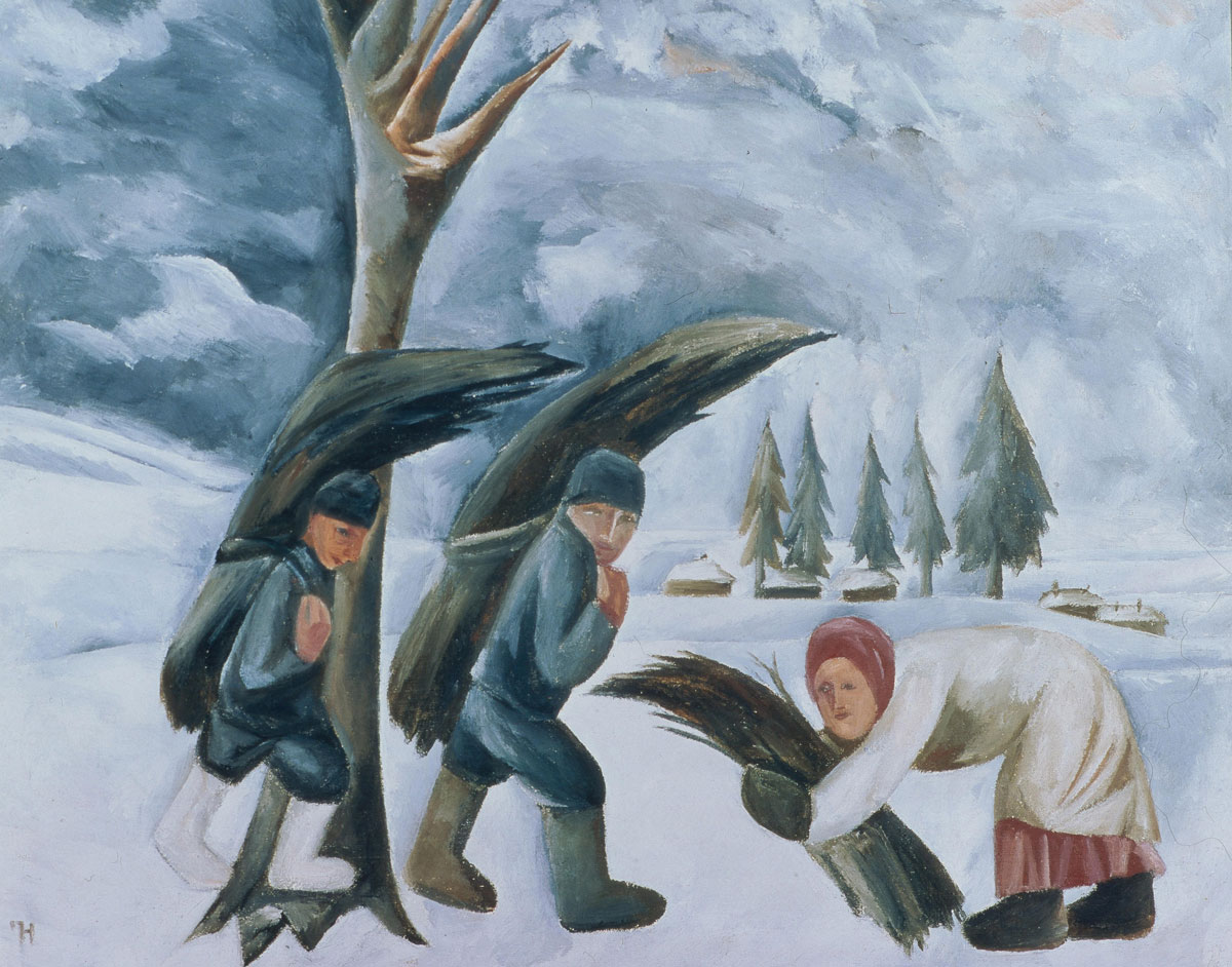 Inverno, contadini che raccolgono la legna, opera di Natalia Goncharova del 1911